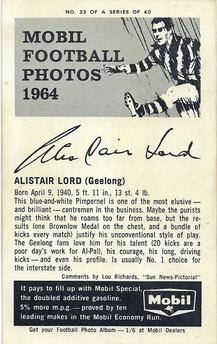 1964 Mobil Football Photos VFL #33 Alistair Lord Back